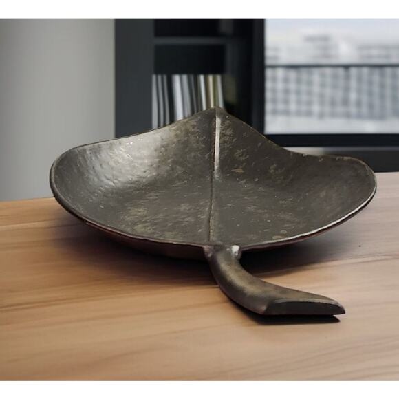 Fitz and Floyd Hammered Large Black Brown Leaf Serving Tray Made in India - Picture 5 of 7